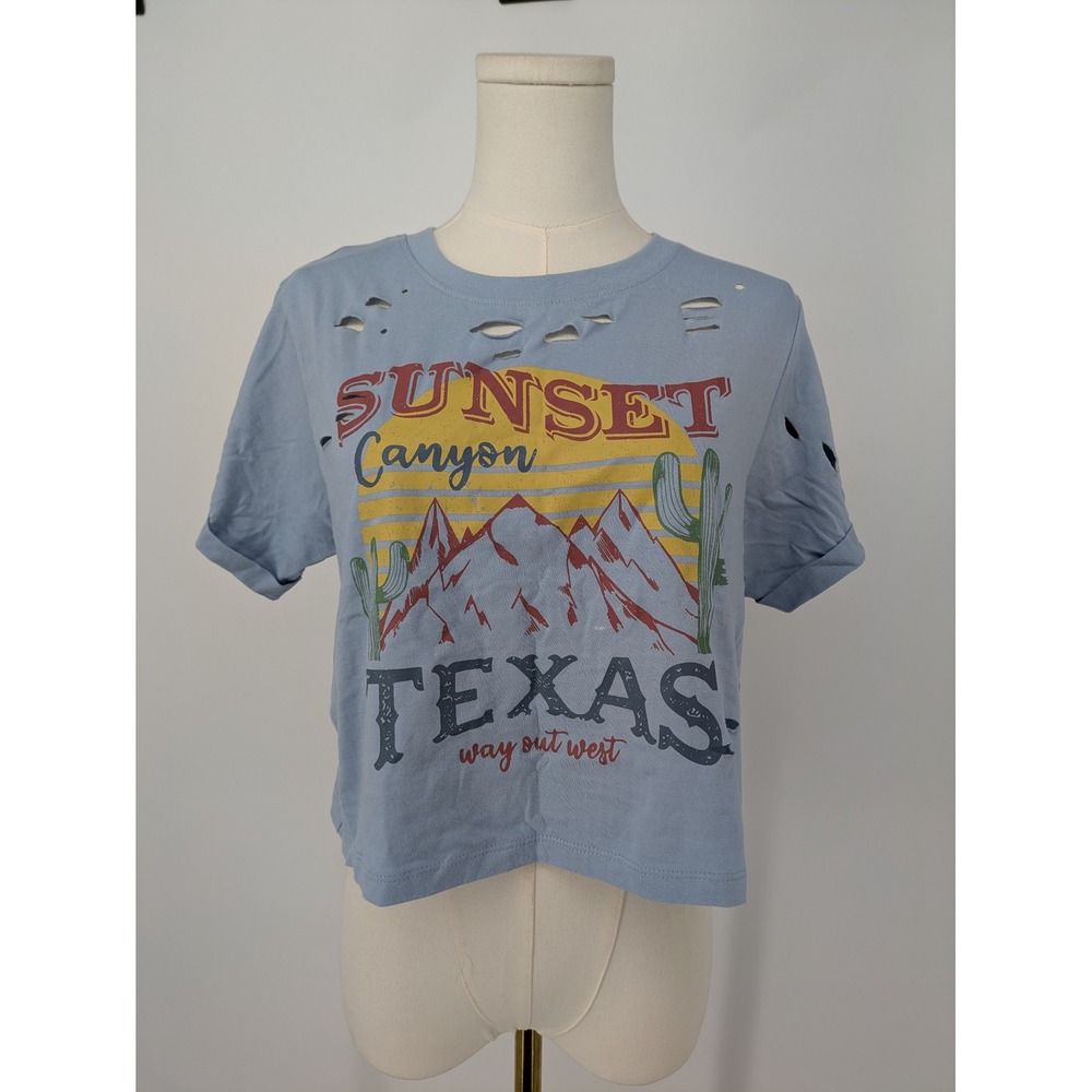 Love & Lazy Days Texas Graphic T-Shirt Womens Small Blue Distressed Crop Top